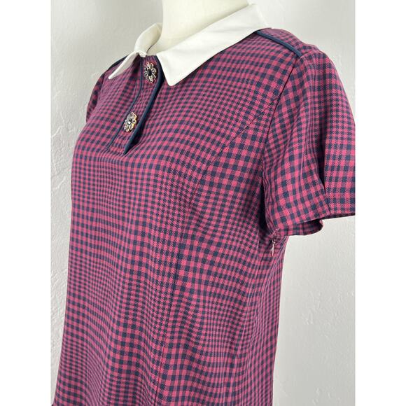 HOUNDSTOOTH MINI DRESS in Navy Burgundy Pleated Drop Waist (Womens: 6-8) - Picture 10 of 16